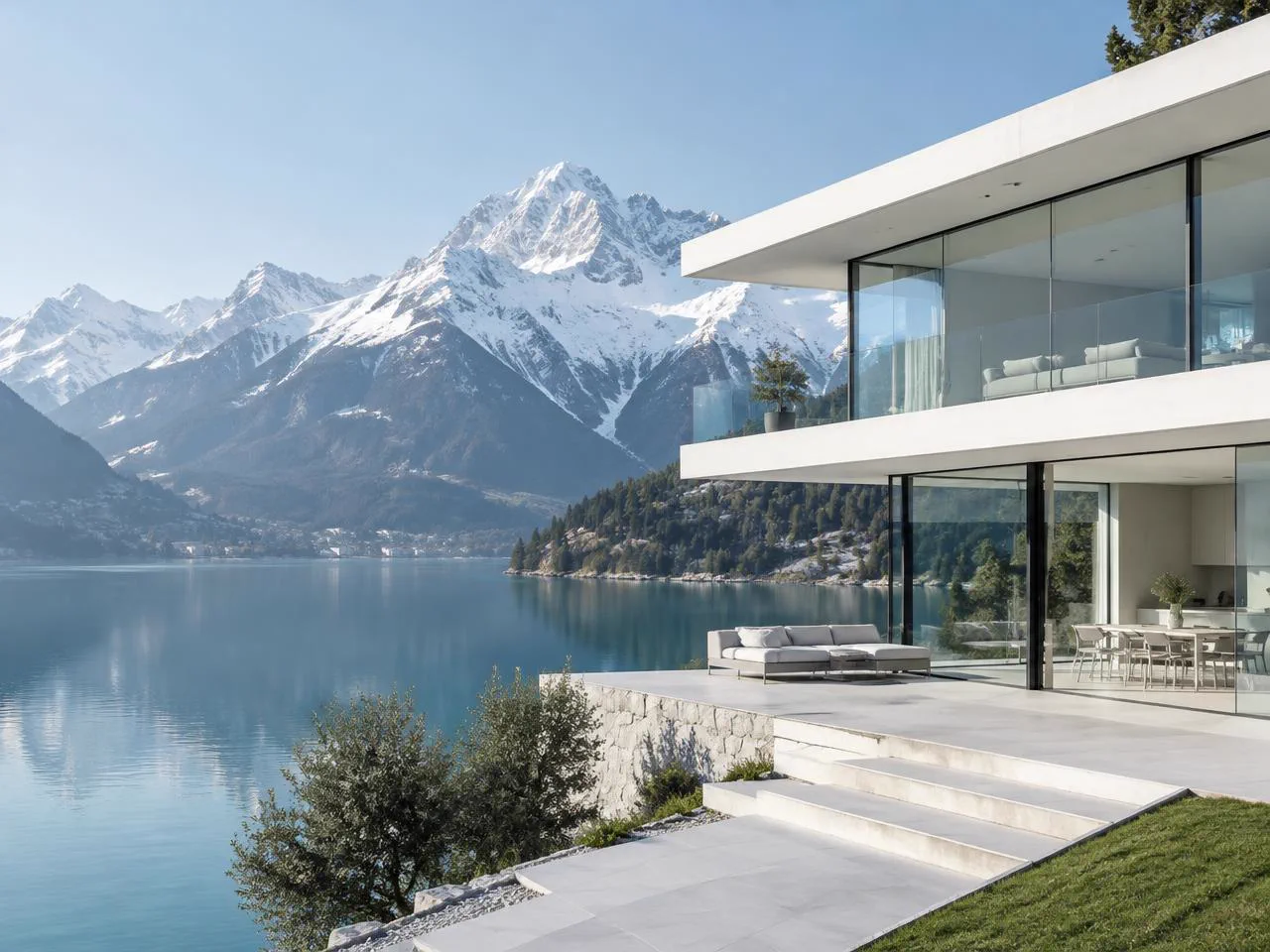 Moderne Villa mit Glasfassade an einem Alpensee